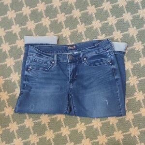 Seven7 Girlfriend Distressed Cropped Embroidered Capri Stretch Jeans